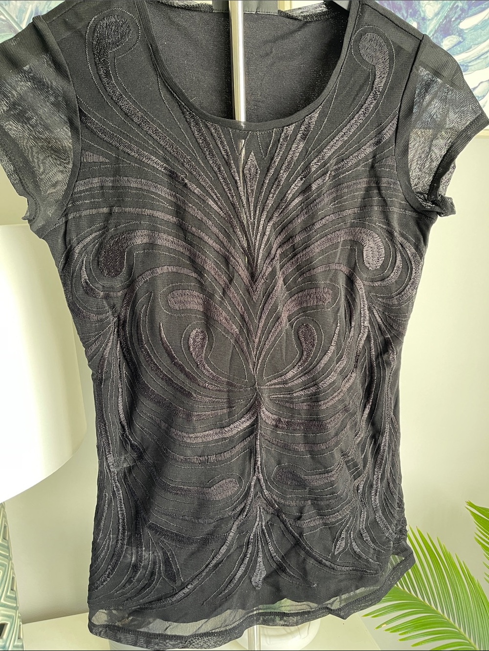 INC International Concepts Black Embroidered Mesh Short-Sleeve Tee